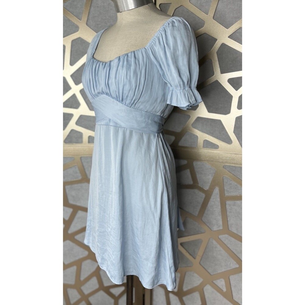 Francesca’s Boutique Mi Ami Satin Puff Sleeve Tie Short Dress sz Xs Blue